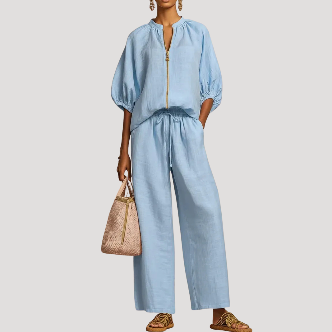 Celestria | Elegant Linen Puff Sleeve Wide Leg Two Piece Set