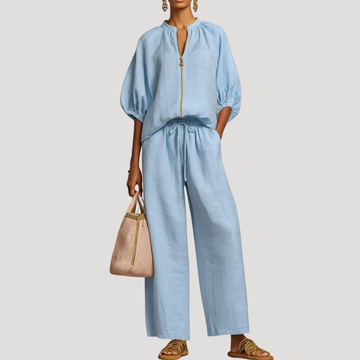 Celestria | Elegant Linen Puff Sleeve Wide Leg Two Piece Set