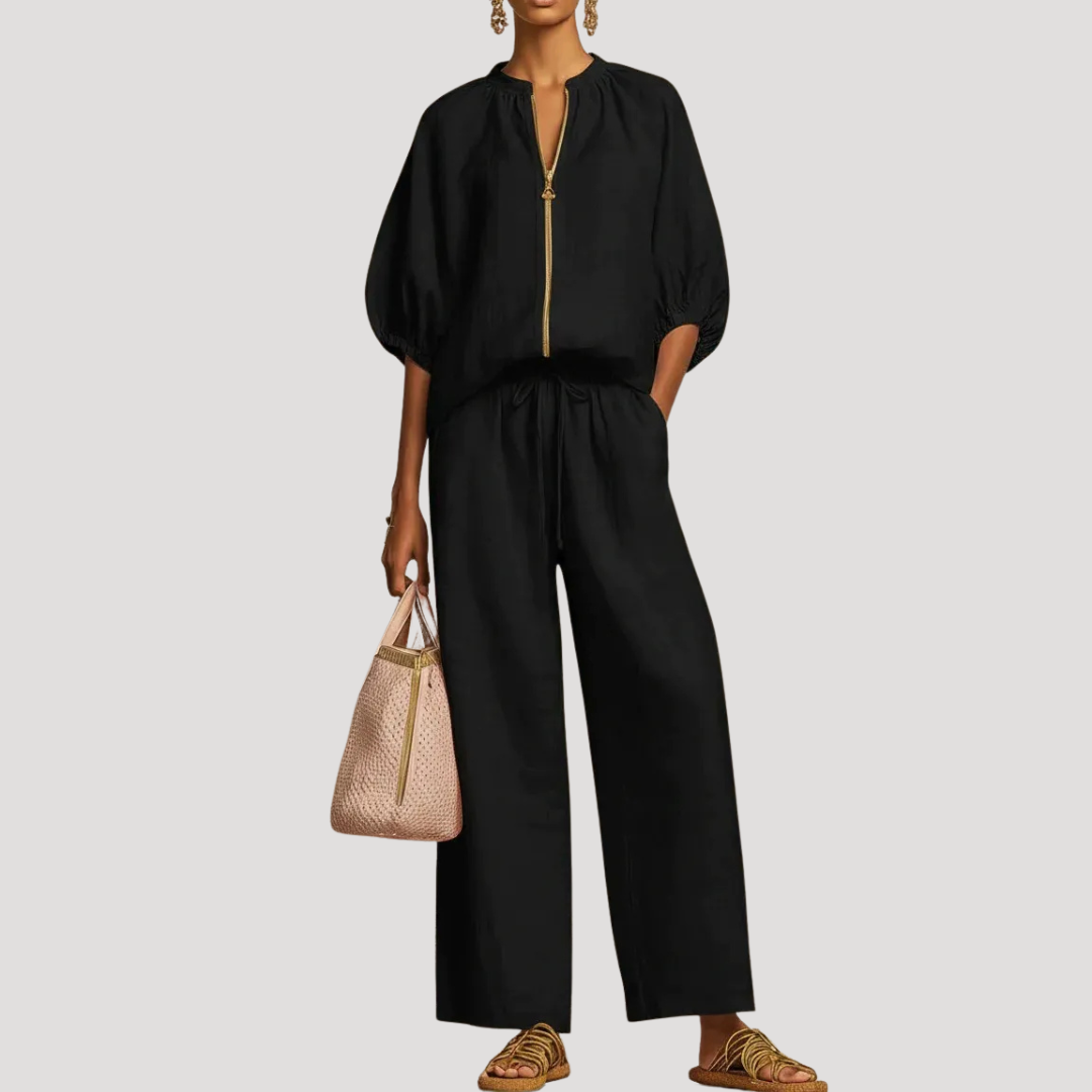 Celestria | Elegant Linen Puff Sleeve Wide Leg Two Piece Set