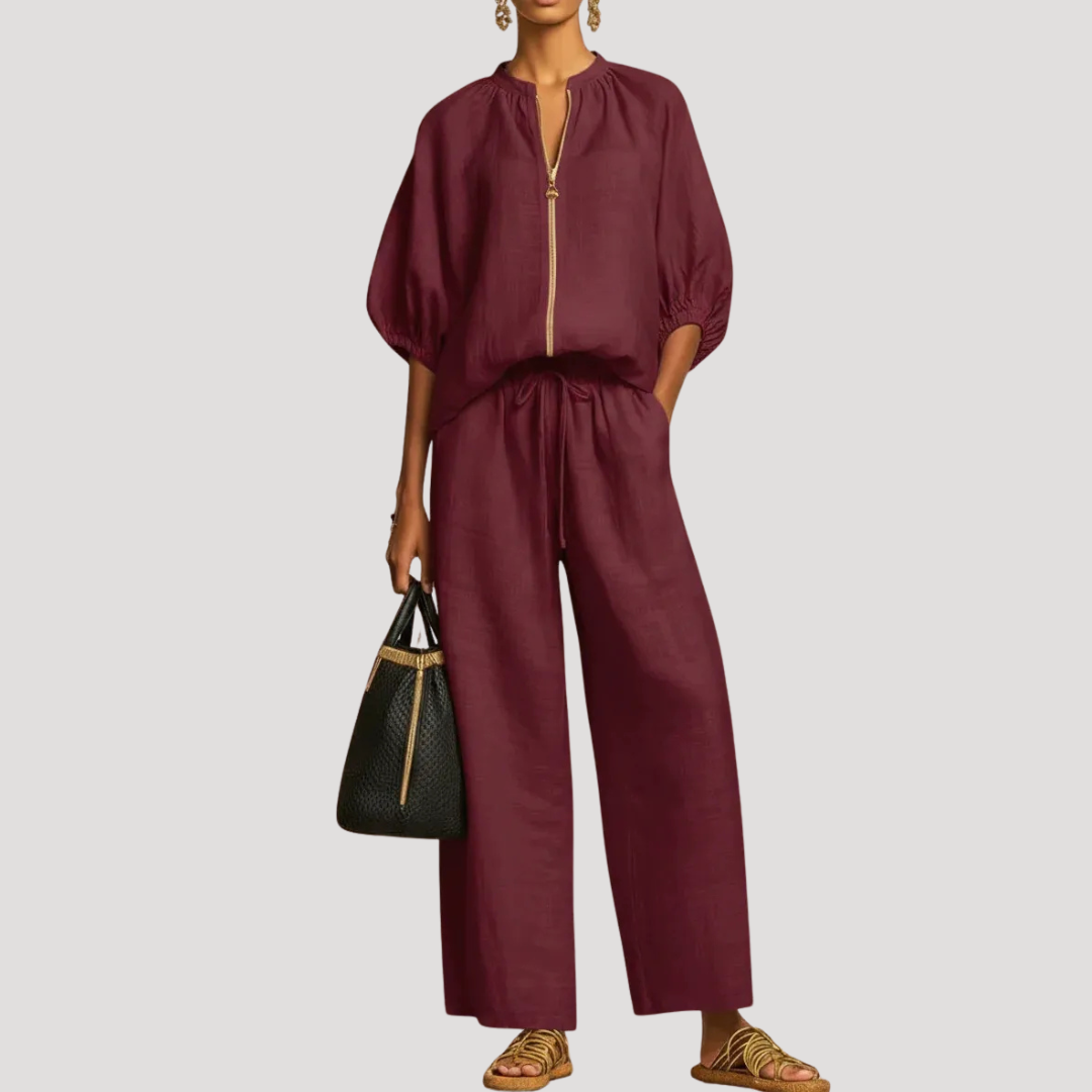 Celestria | Elegant Linen Puff Sleeve Wide Leg Two Piece Set