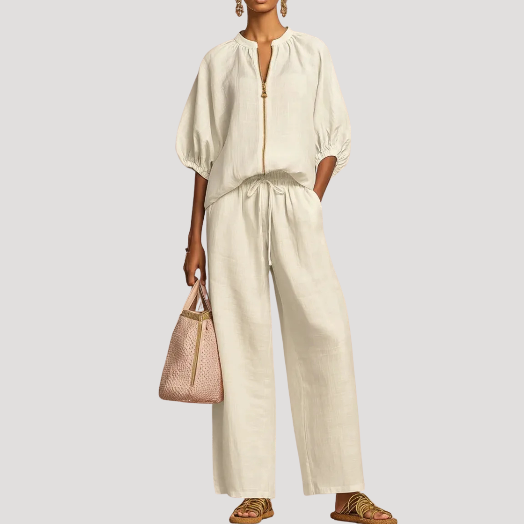 Celestria | Elegant Linen Puff Sleeve Wide Leg Two Piece Set