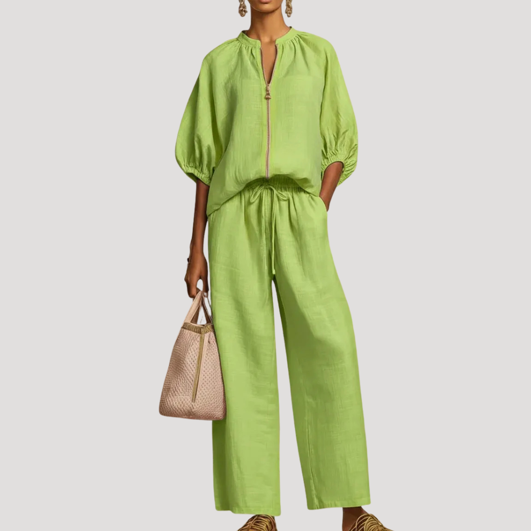 Celestria | Elegant Linen Puff Sleeve Wide Leg Two Piece Set