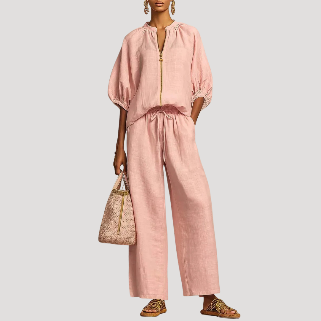 Celestria | Elegant Linen Puff Sleeve Wide Leg Two Piece Set