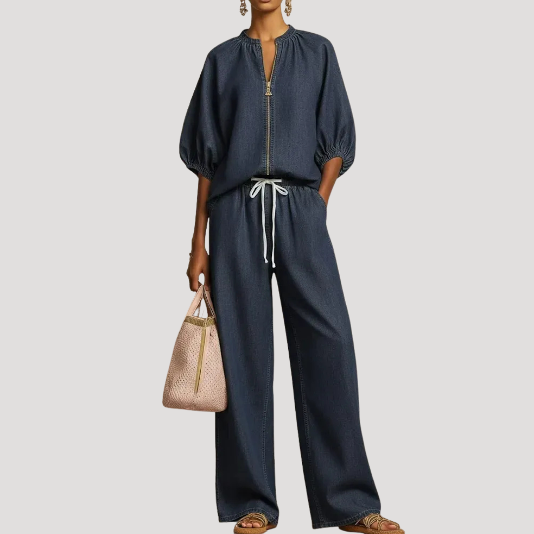 Celestria | Elegant Linen Puff Sleeve Wide Leg Two Piece Set