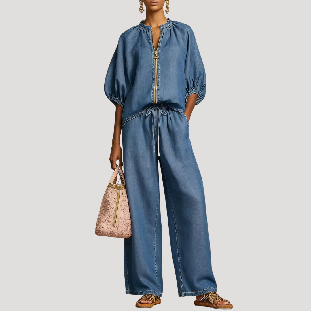Celestria | Elegant Linen Puff Sleeve Wide Leg Two Piece Set
