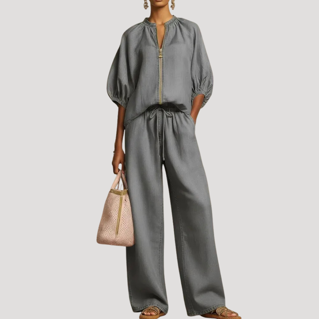 Celestria | Elegant Linen Puff Sleeve Wide Leg Two Piece Set