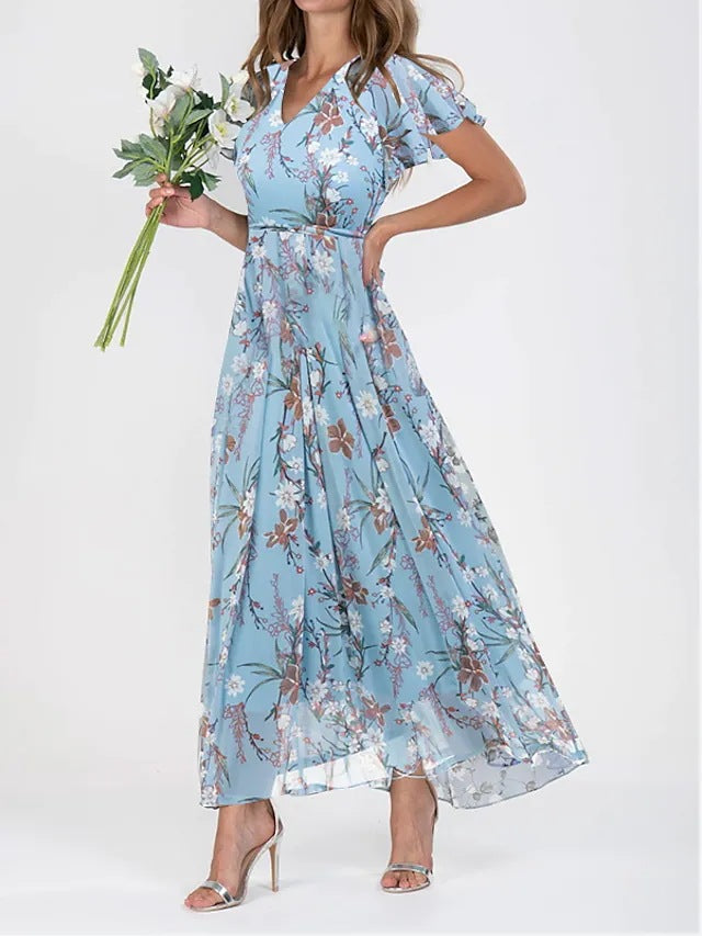 Evangeline | Romantic Floral Wrap Flutter Sleeve Maxi Dress