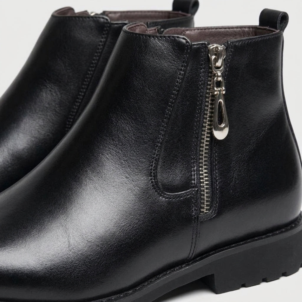 Men's Ankle Boots Leather Dual-Zip Chelsea Low Block Heel