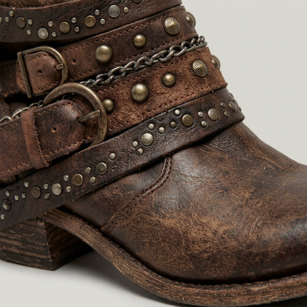 Women's Ankle Boots - Studded Leather Straps - Chain Detail - Block Heel
