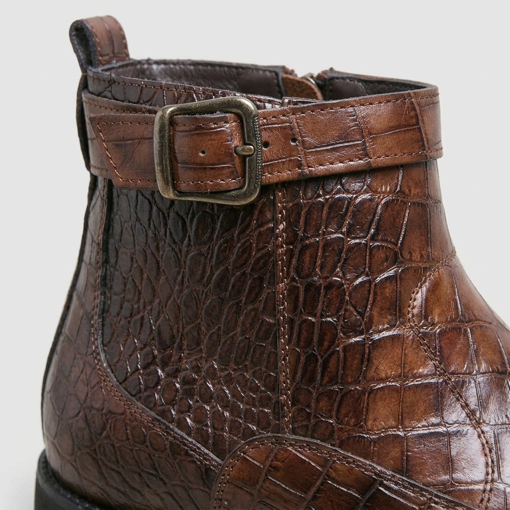 Men's Ankle Boots Croc-Embossed Low Block Heel Side Zip Buckle