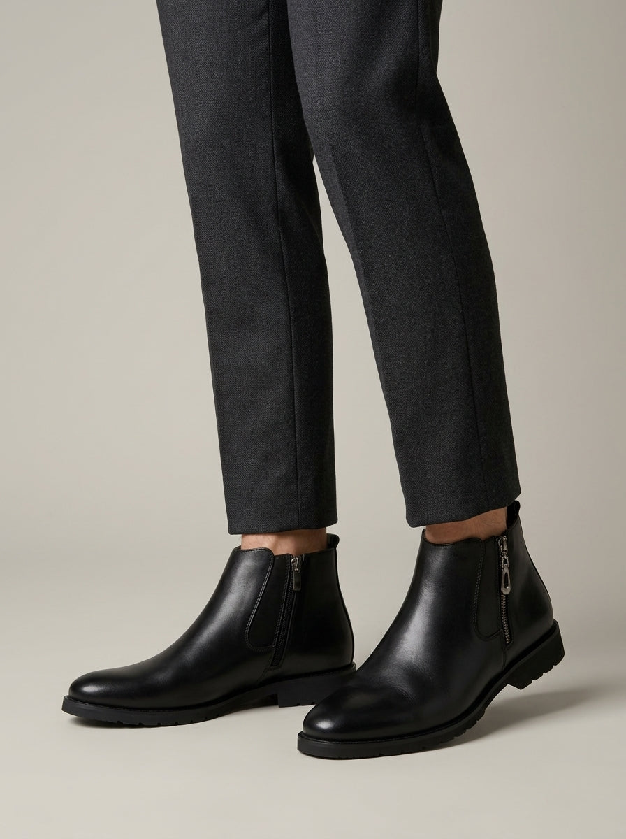 Men's Ankle Boots Leather Dual-Zip Chelsea Low Block Heel