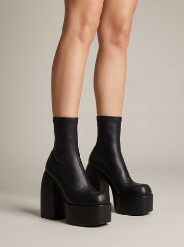 Women's Platform Boots Ankle Stretch Round Toe Chunky Block Heel