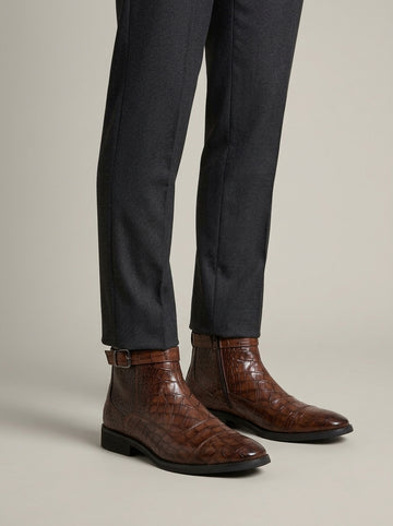 Men's Ankle Boots Croc-Embossed Low Block Heel Side Zip Buckle