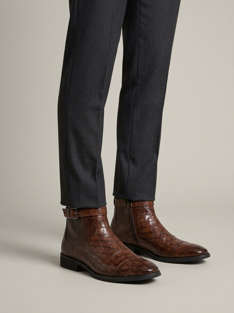 Men's Ankle Boots Croc-Embossed Low Block Heel Side Zip Buckle
