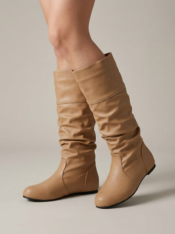 Women's Knee High Boots Slouchy Shaft Round Toe Flat Sole