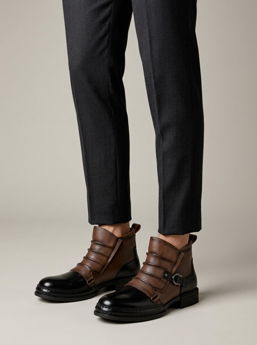 Men's Ankle Boots - Buckle Strap - Lug Sole - Round Toe