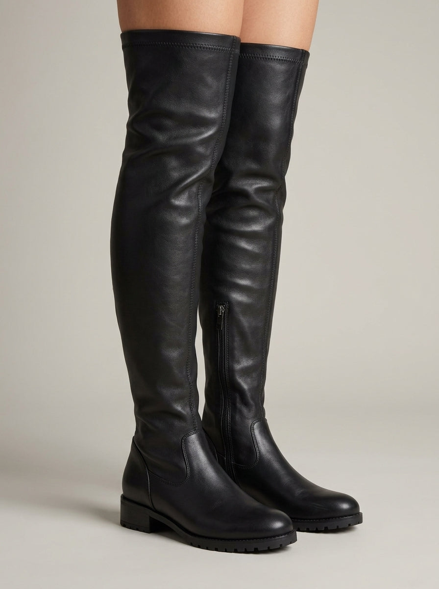 Women's Thigh-High Boots Side Zip Low Block Heel Lug Sole
