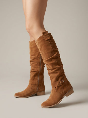 Women's Knee High Boots - Suede Slouchy Shaft Ankle Strap