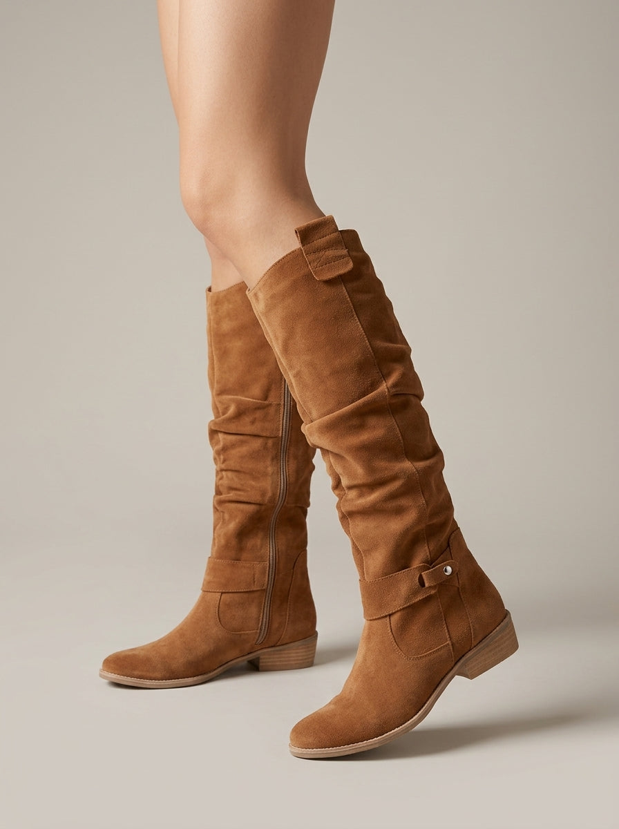 Women's Knee High Boots - Suede Slouchy Shaft Ankle Strap