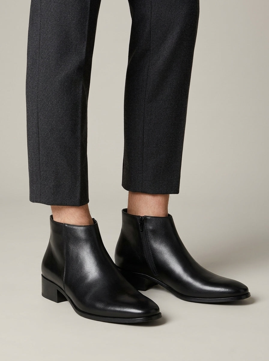 Men's Ankle Boots - Leather - Low Block Heel - Side Zip Closure