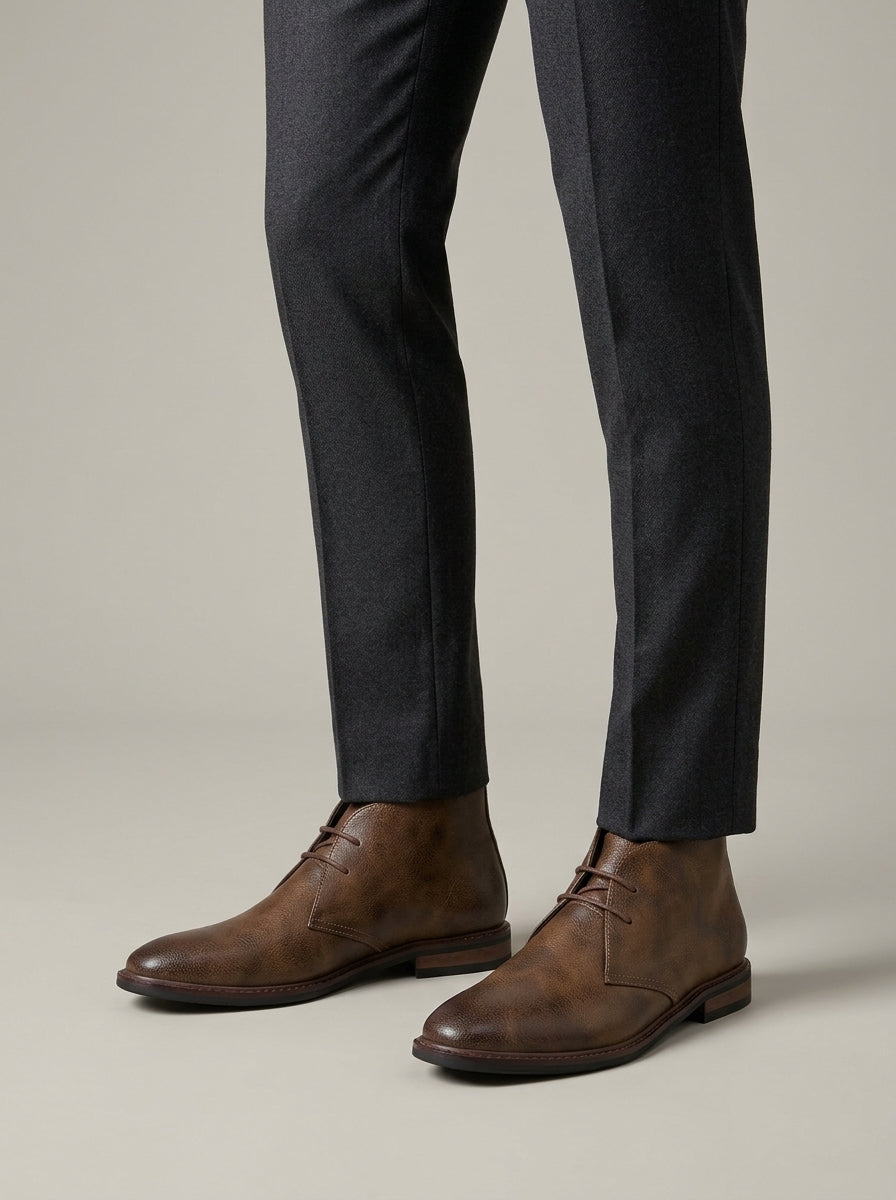 Men's Chukka Boots Lace-Up Ankle-Height Low-Heel Leather