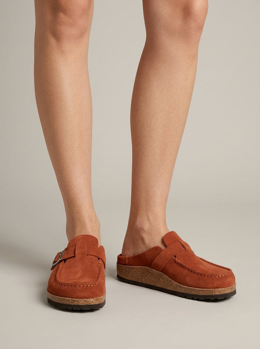 Women's Mules Suede Buckle Detail Cork Platform Flat
