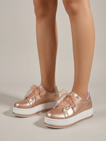 Women's Platform Sneakers - Low-Top Ribbon Lace Metallic Leather