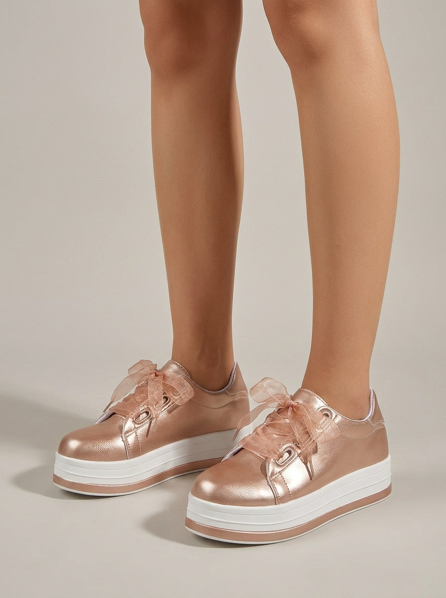Women's Platform Sneakers - Low-Top Ribbon Lace Metallic Leather