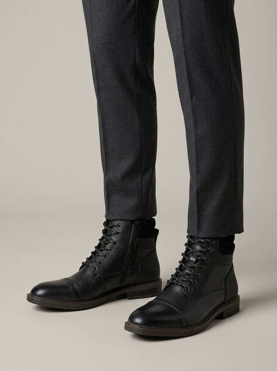 Men’s Leather Cap Toe Lace Up Ankle Boots Side Zip
