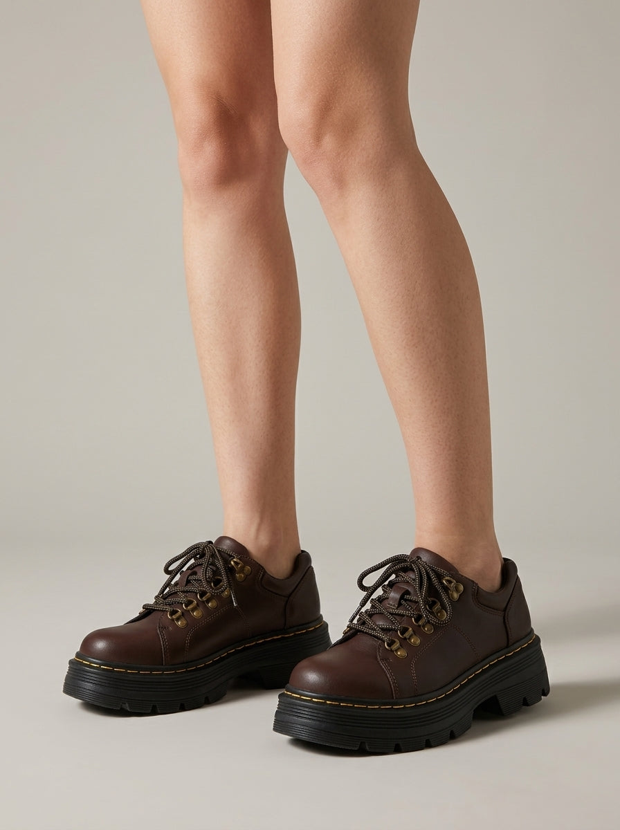 Women's Platform Shoes Lace-Up Lug Sole Leather Round Toe