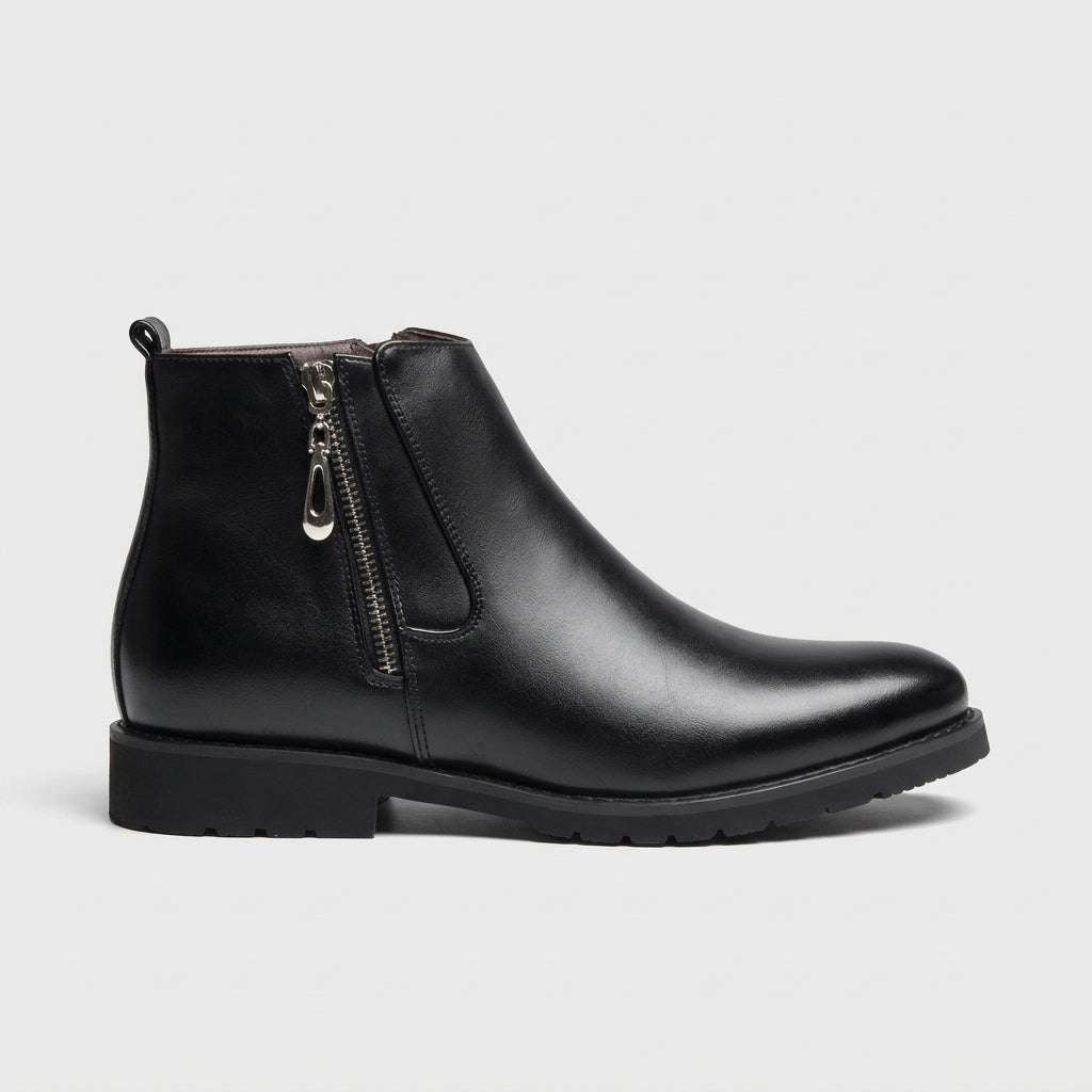 Men's Ankle Boots Leather Dual-Zip Chelsea Low Block Heel