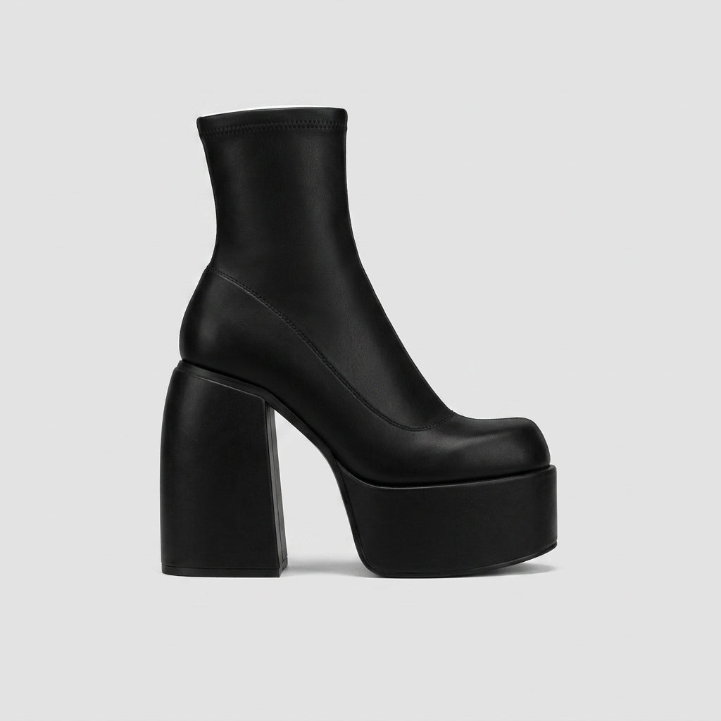 Women's Platform Boots Ankle Stretch Round Toe Chunky Block Heel