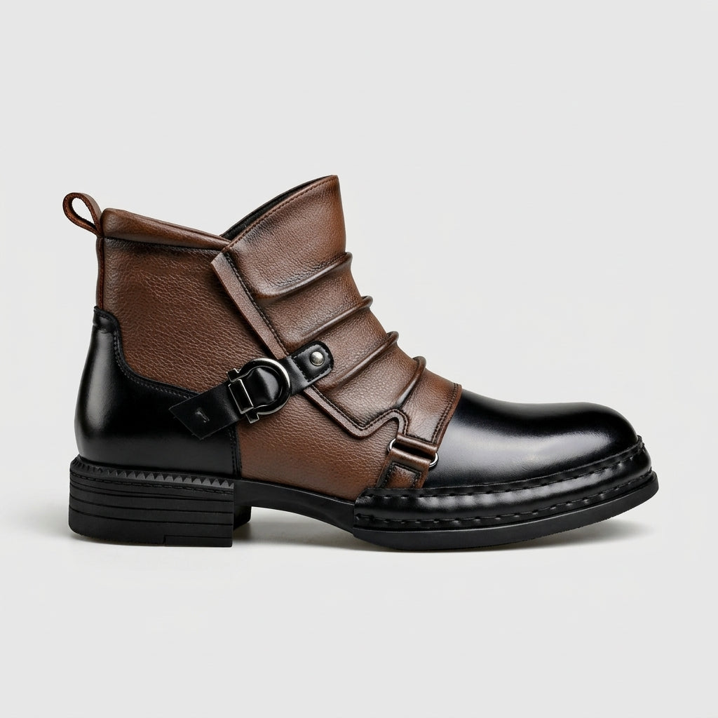 Men's Ankle Boots - Buckle Strap - Lug Sole - Round Toe