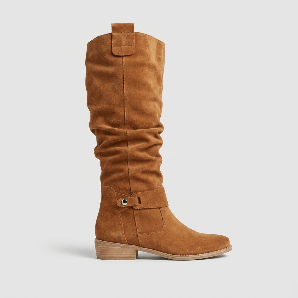Women's Knee High Boots - Suede Slouchy Shaft Ankle Strap