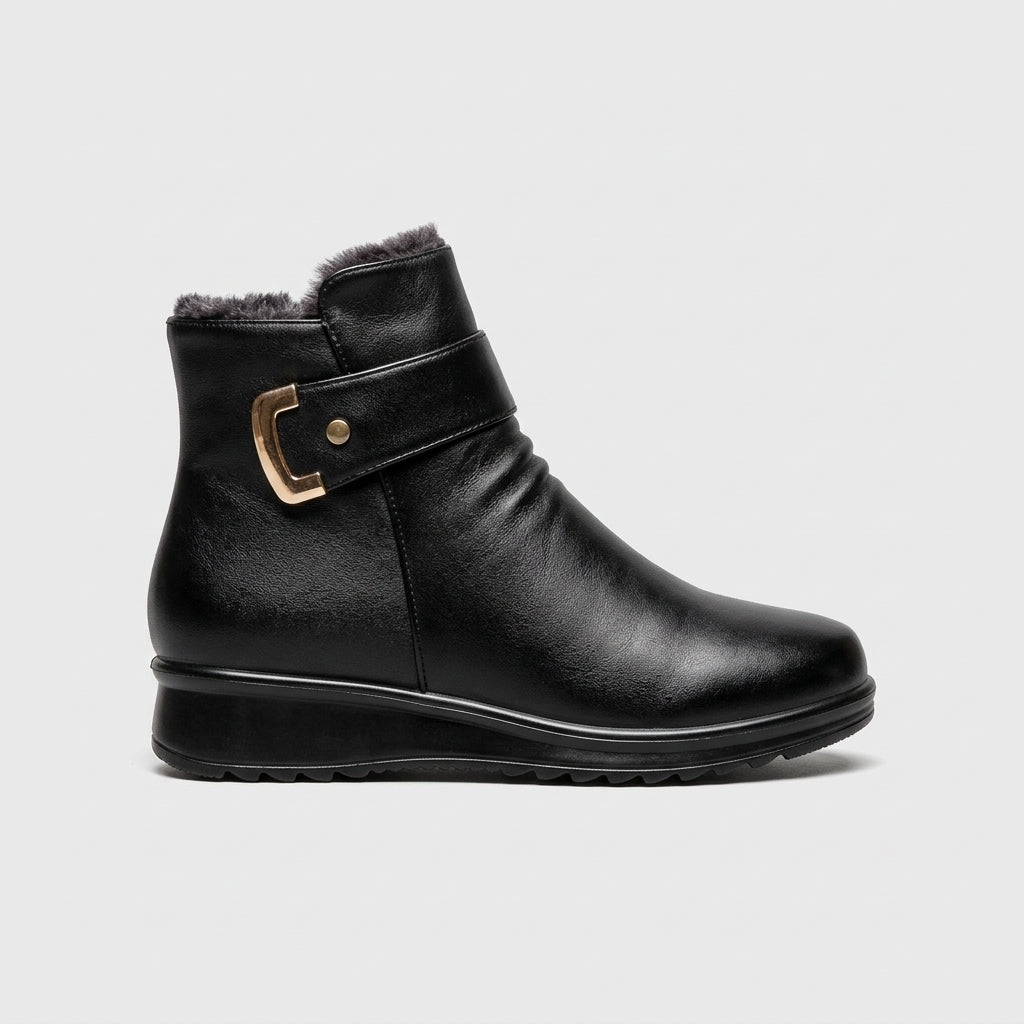 Women's Ankle Boots Fur-Lined Buckle Strap Wedge Sole Side Zip