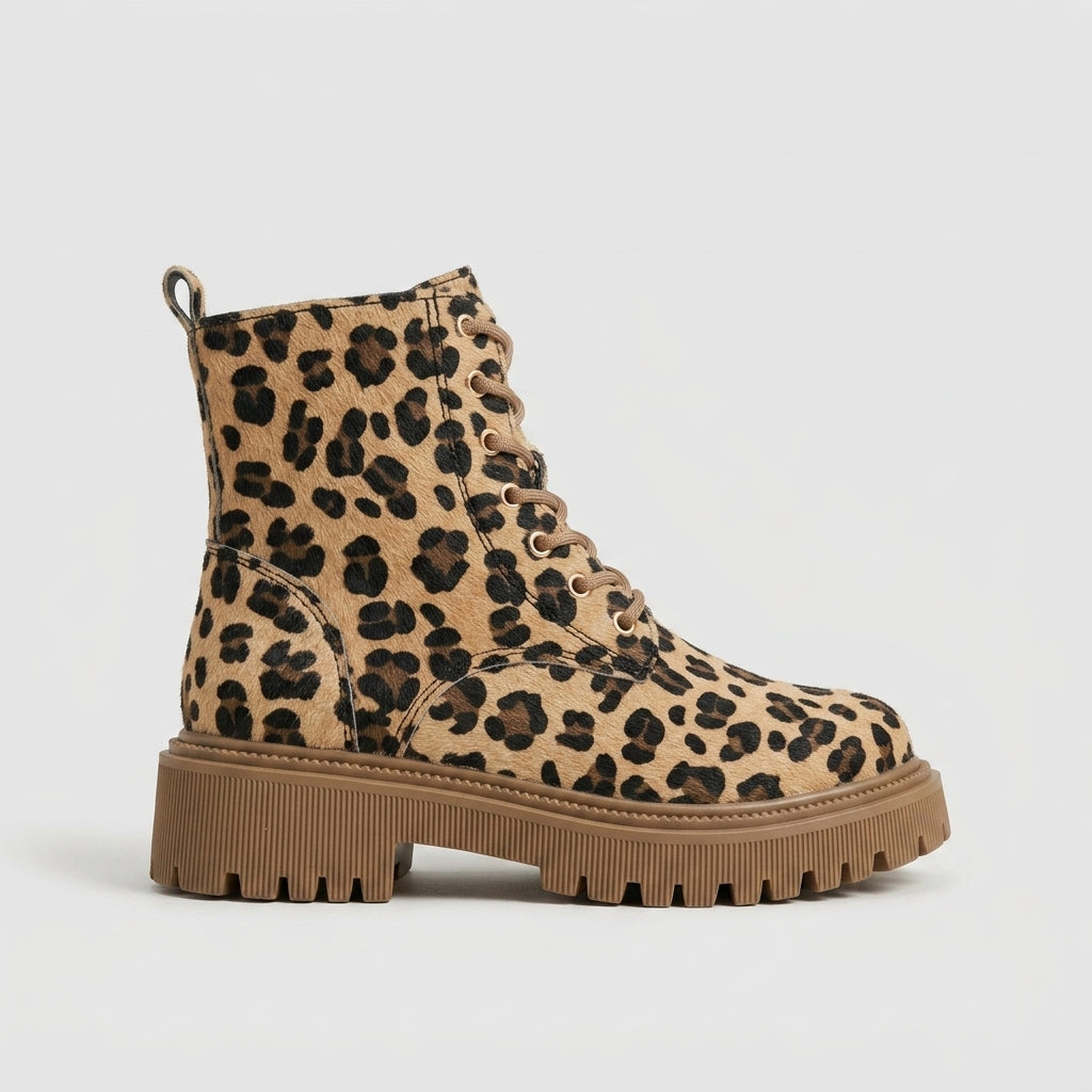 Women's Platform Boots Lace-Up Ankle - Leopard Print Combat Style