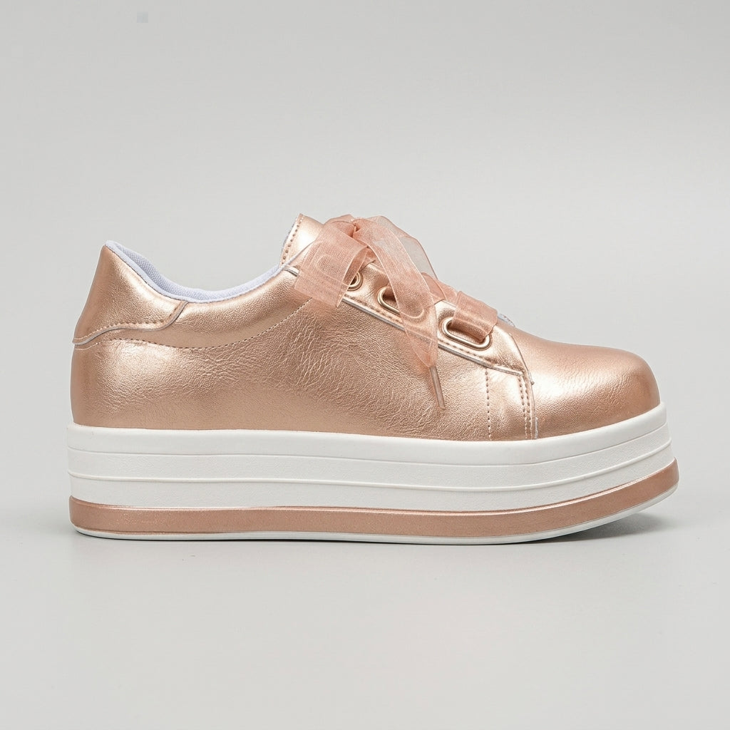 Women's Platform Sneakers - Low-Top Ribbon Lace Metallic Leather