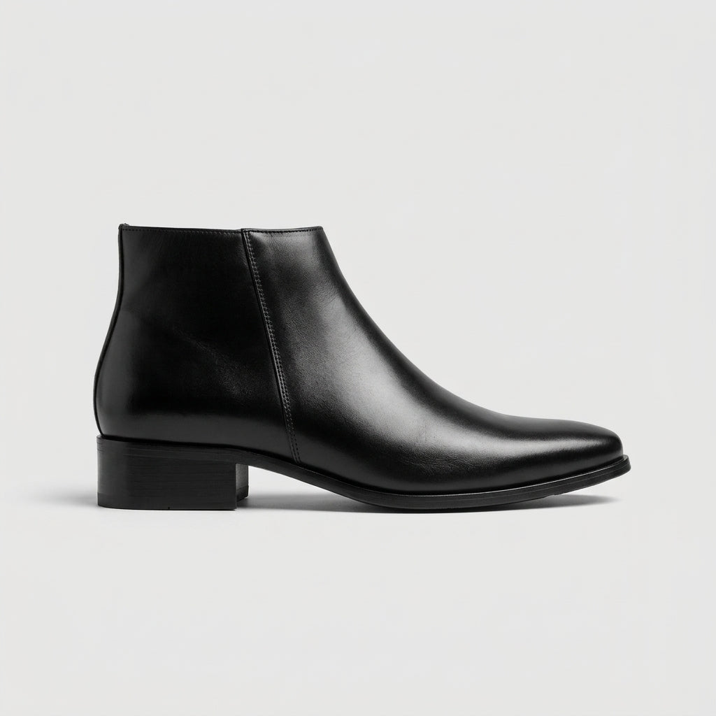 Men's Ankle Boots - Leather - Low Block Heel - Side Zip Closure