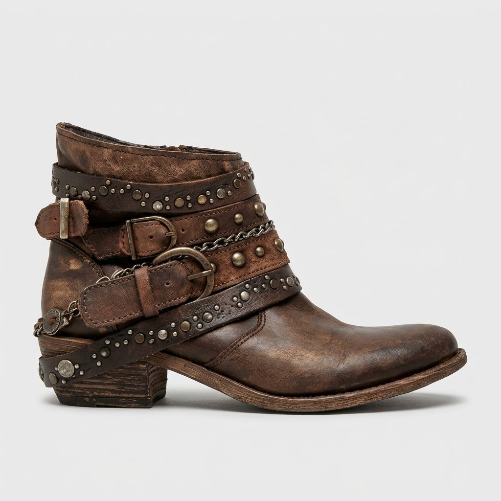 Women's Ankle Boots - Studded Leather Straps - Chain Detail - Block Heel