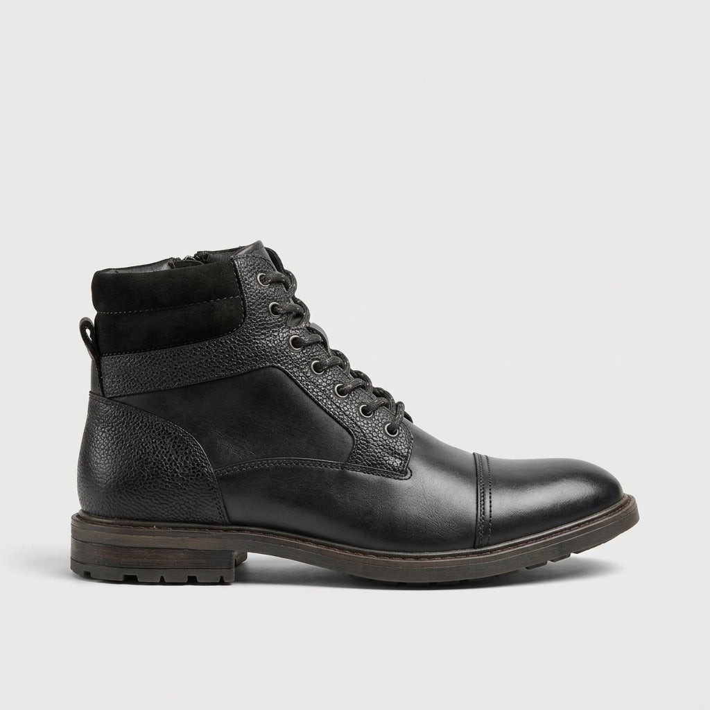 Men’s Leather Cap Toe Lace Up Ankle Boots Side Zip