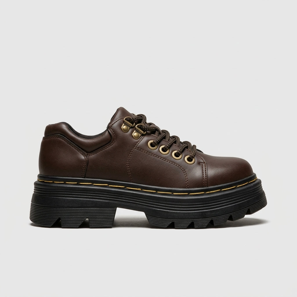 Women's Platform Shoes Lace-Up Lug Sole Leather Round Toe