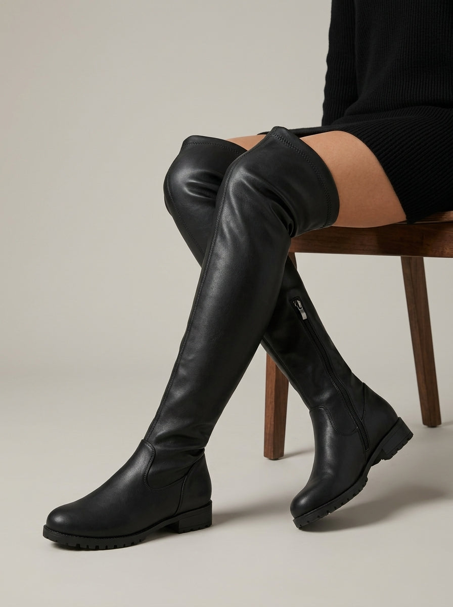 Women's Thigh-High Boots Side Zip Low Block Heel Lug Sole
