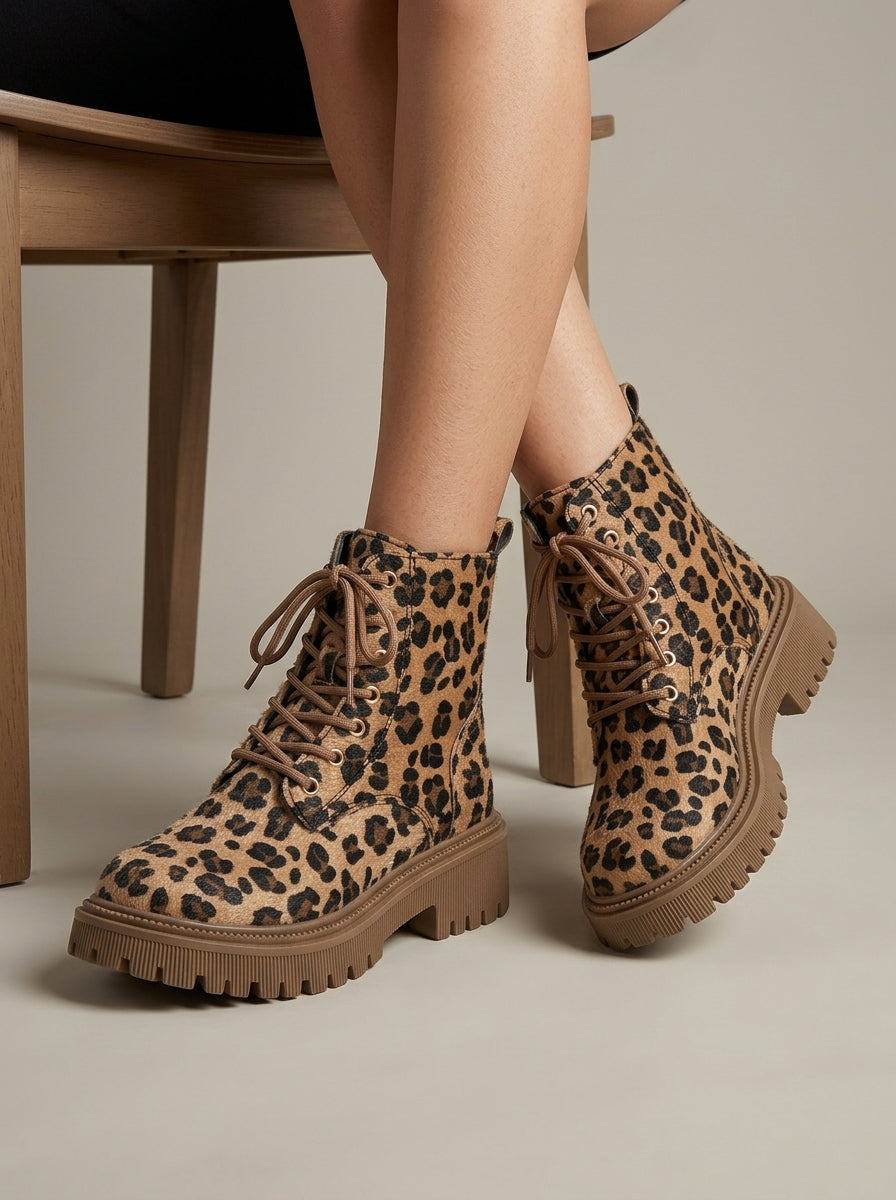 Women's Platform Boots Lace-Up Ankle - Leopard Print Combat Style