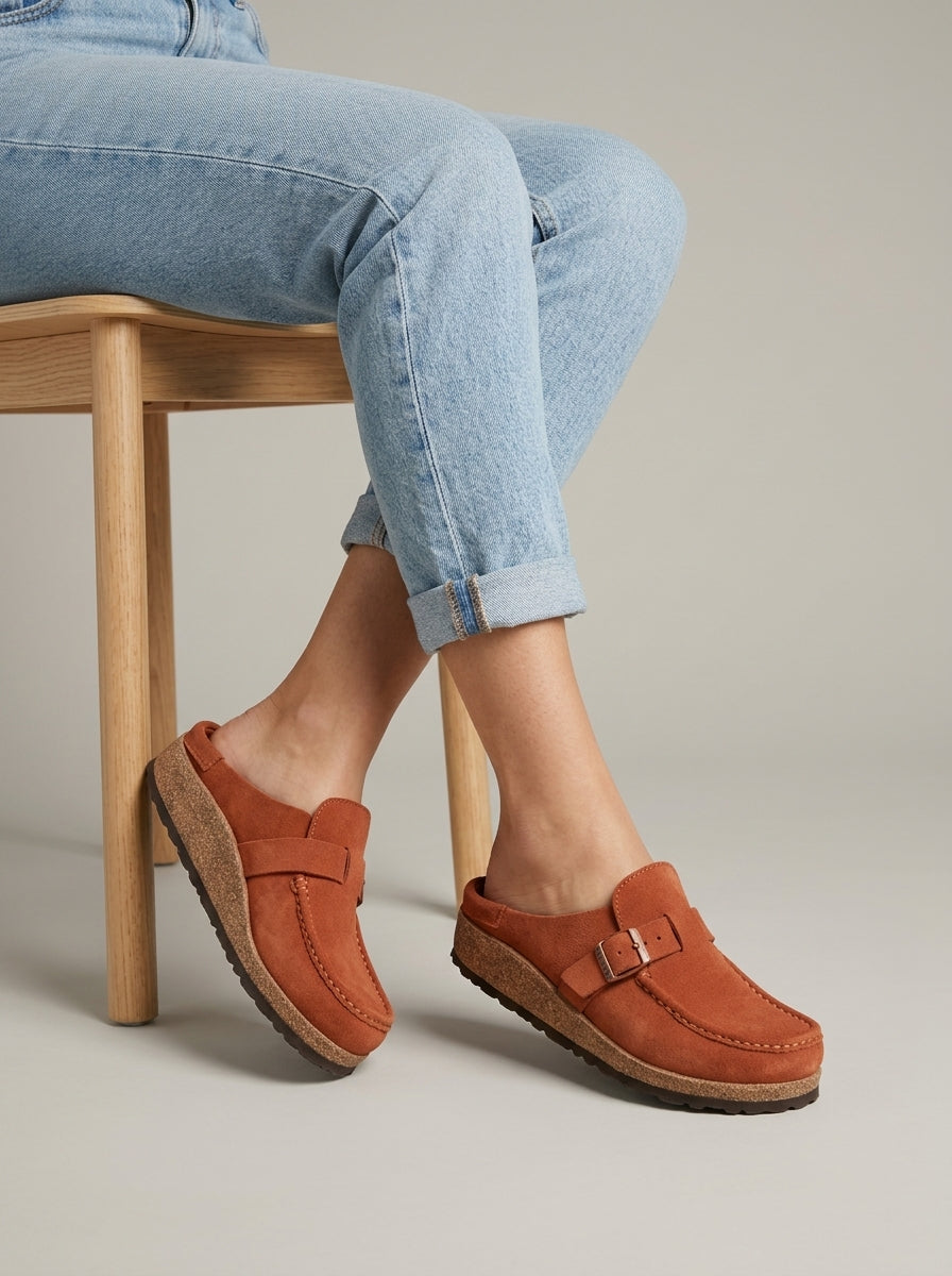Women's Mules Suede Buckle Detail Cork Platform Flat