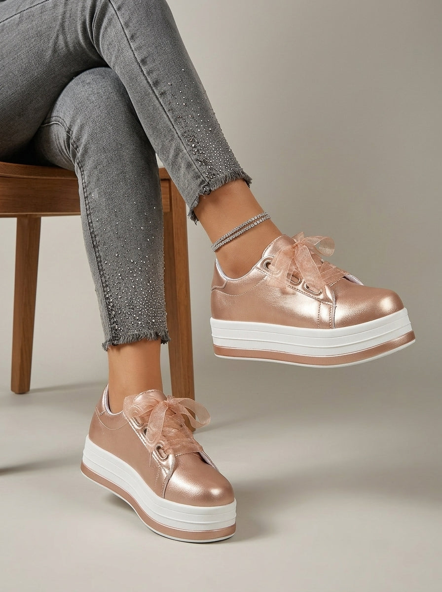 Women's Platform Sneakers - Low-Top Ribbon Lace Metallic Leather