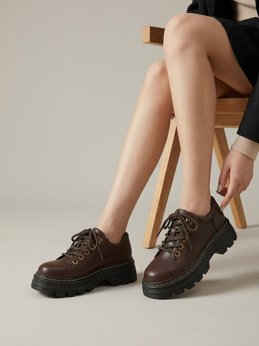 Women's Platform Shoes Lace-Up Lug Sole Leather Round Toe