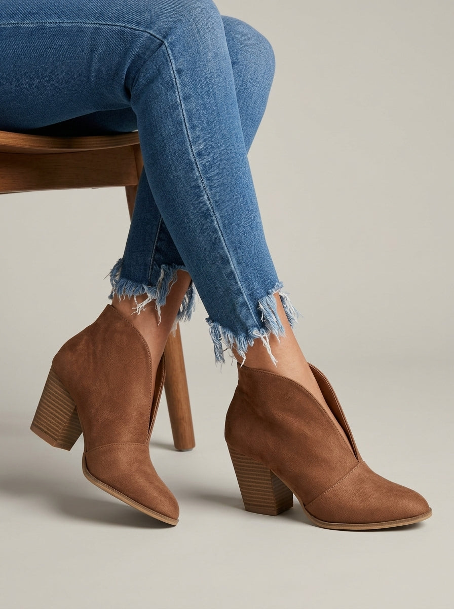 Women's Ankle Boots - Pointed Toe - Block Heel - Slip-On