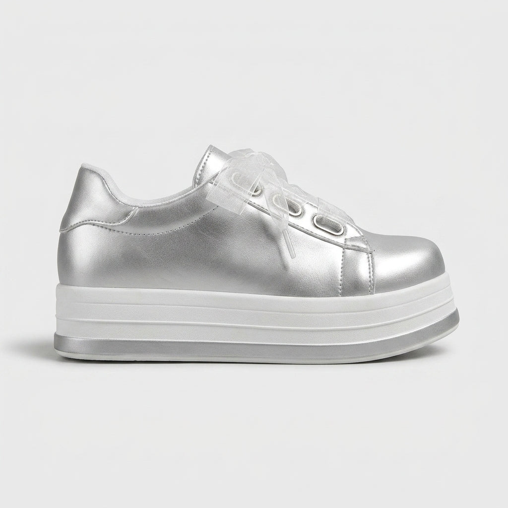Women's Platform Sneakers - Low-Top Ribbon Lace Metallic Leather