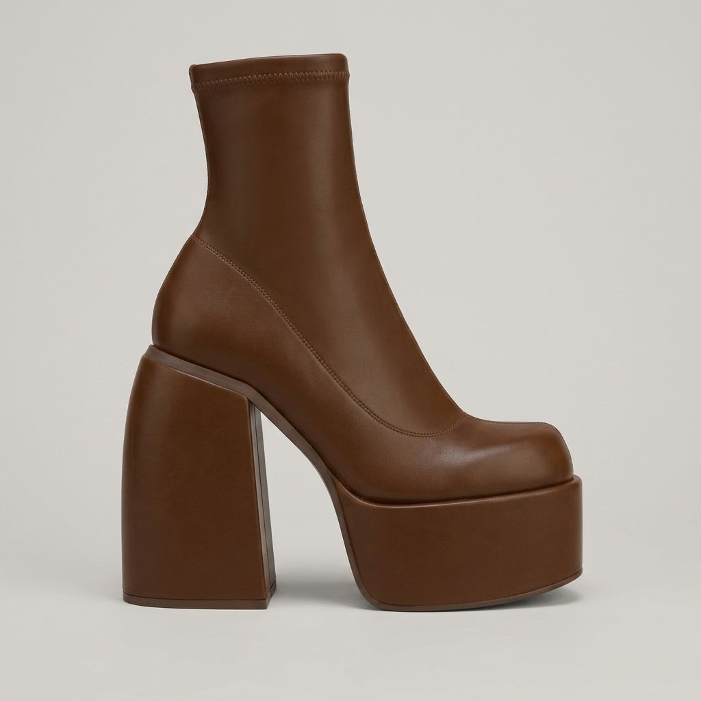 Women's Platform Boots Ankle Stretch Round Toe Chunky Block Heel
