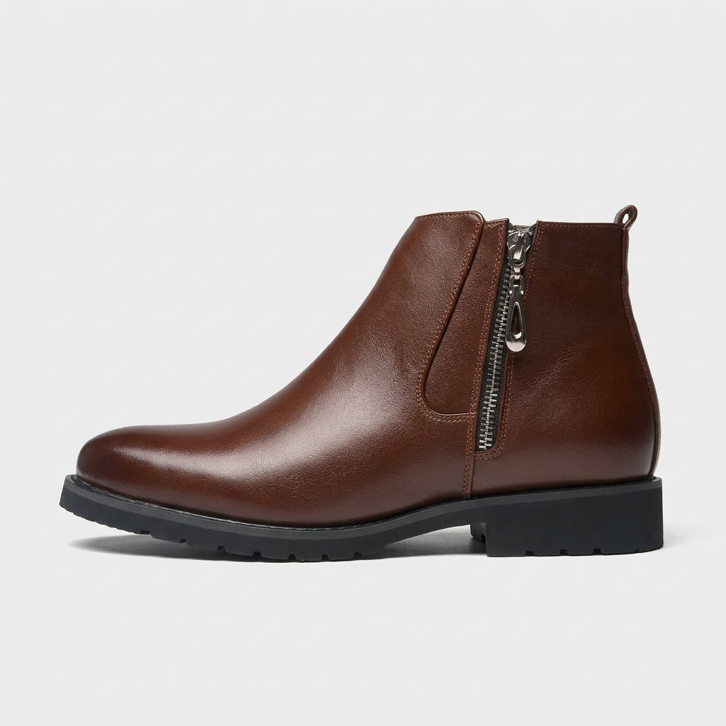 Men's Ankle Boots Leather Dual-Zip Chelsea Low Block Heel